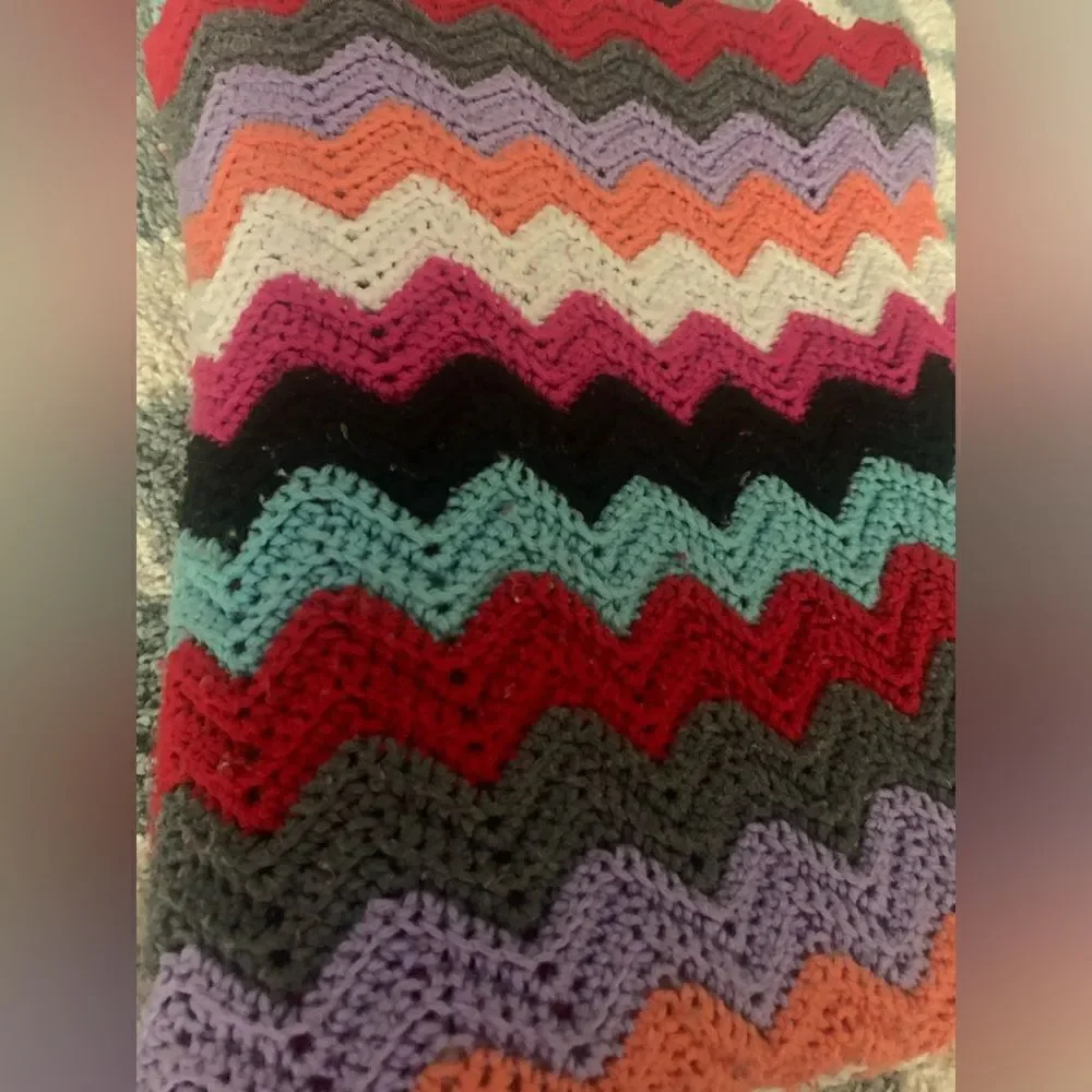 VTG Crochet Afghan Multi Color Hippie Boho Stripe Funky Large Blanket Chevron